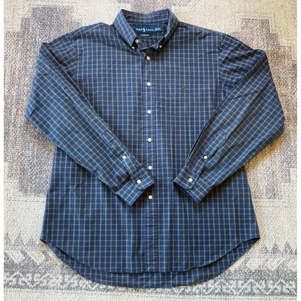 VTG Mens RALPH LAUREN Sz‎ XL 17 Blue/Green Striped Long Sleeve Dress Shirt